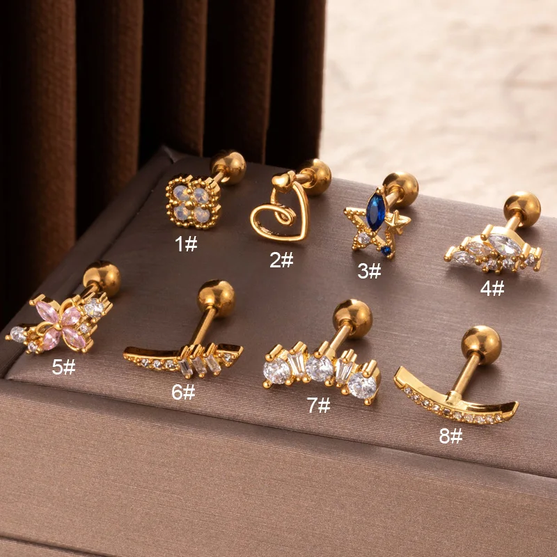 1PC Fashion Hollow Heart Flower Star Cartilage Earrings Ear Lobe Helix Back Stud Earrings For Girls Women Screw Piercing Jewelry