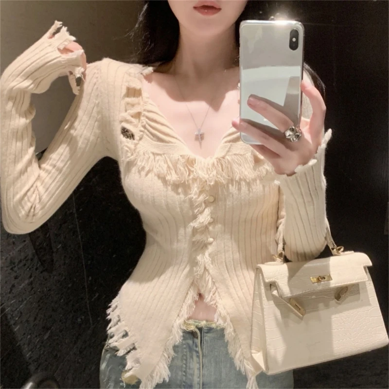 Women Y2K Tassels Knit Slim Cardigan Long Sleeve Lapel V-Neck Button Up Sweater Girls Autumn Winter Solid Color Knitwear Coat