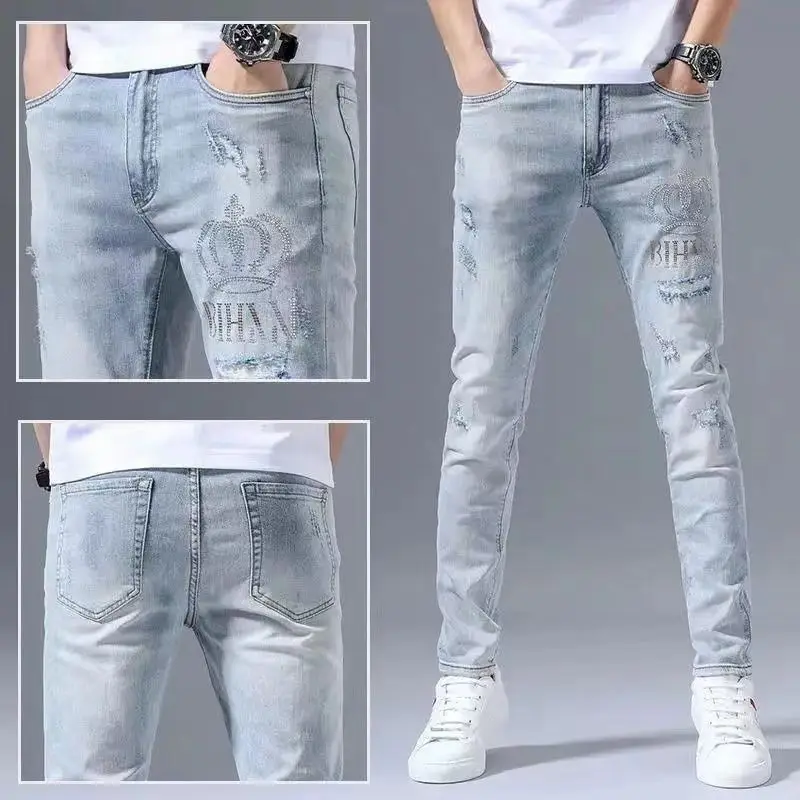 Men's Clothing Spring and Summer high quality Jeans Trendy Brand Ripped Hot Drilling Slim-fit Skinny Pants Trousers