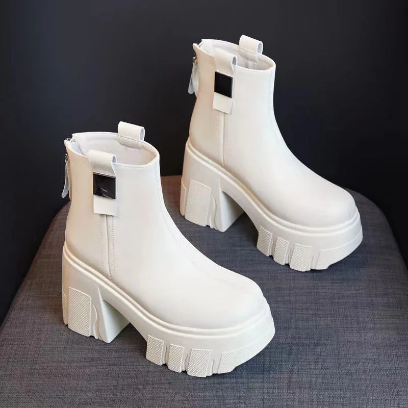 UK Sle ort Tube Chelsea Boots Women's Thi Bot High Heel Boots Waterproof Platform round Toe Leather Boots