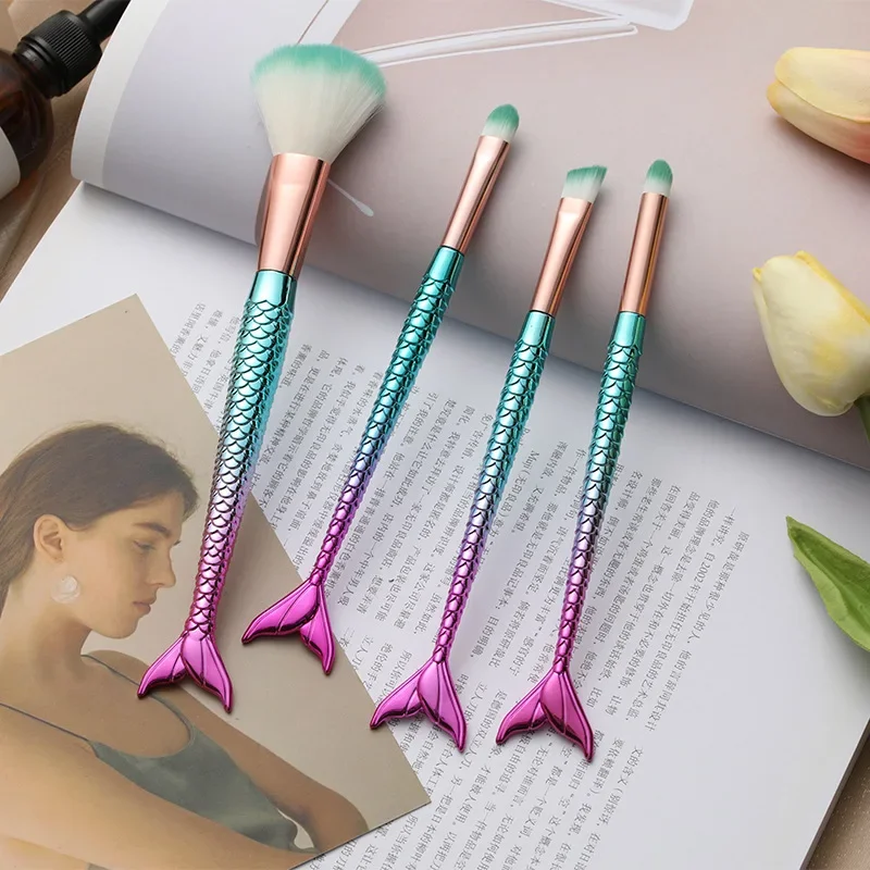 Lucky-Girls four-piece suit mermaid makeup brush fiber colorful soft hair loose powder brush beauty makeup tools