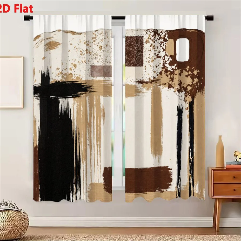 2Pcs Curtains 2D Flat Abstract Expressionism Artwork With Brown Black White Brush Strokes Splatters Geometric Shapes Textured Pa