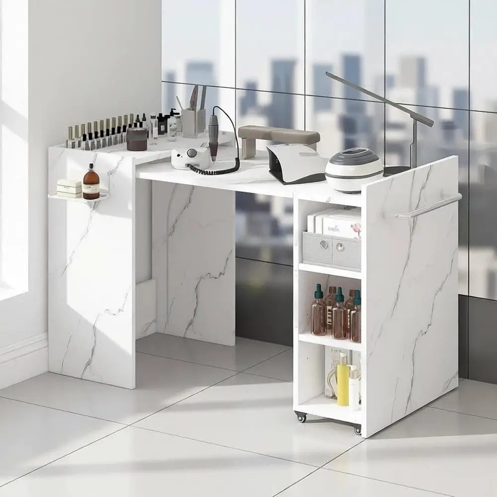 

Expandable Nail Technician Desk with Adjustable Storage and White Marble Top for Home, Office, or Spa Use