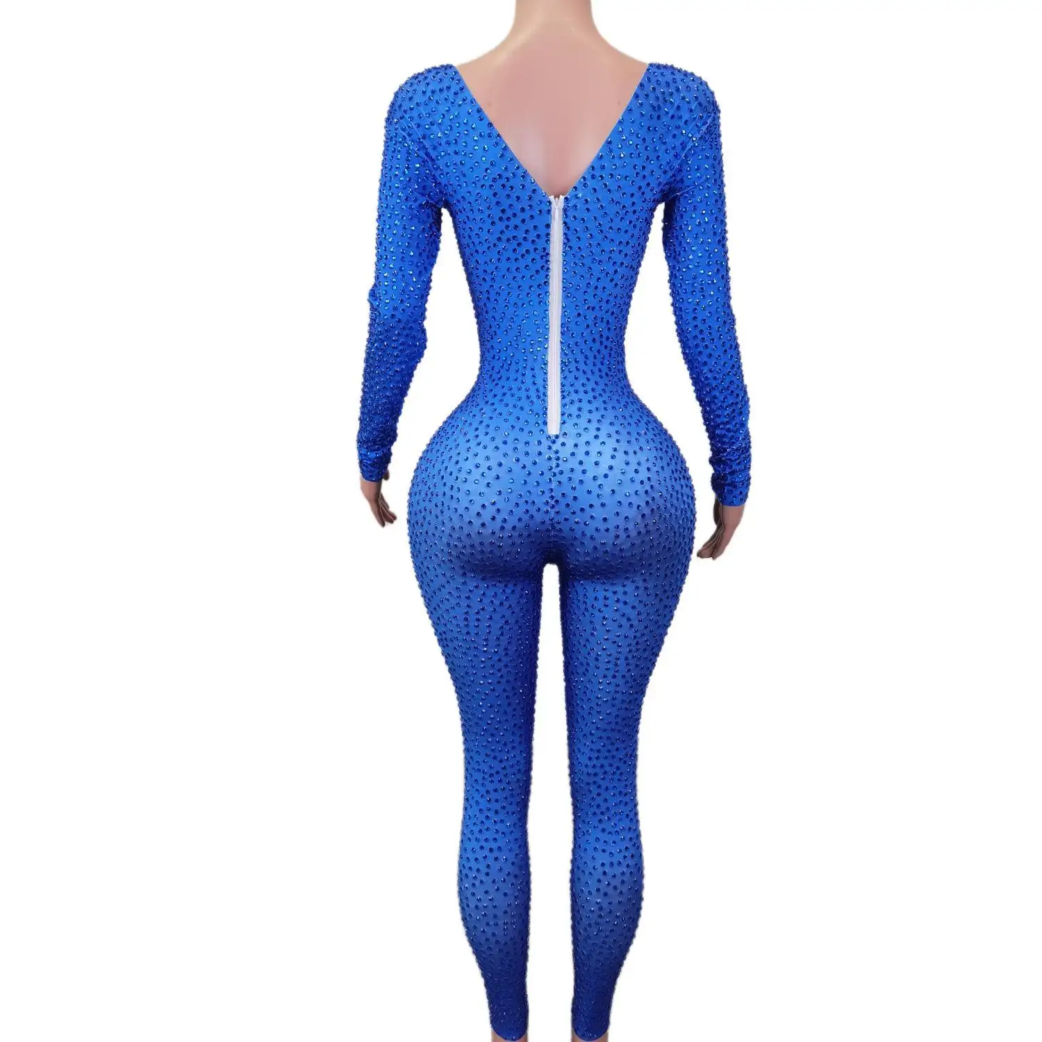 Sparkly Blue Rhinestones Jumpsuit Women One Piece Stretch Bodysuit Nightclub Party Outfit Dancer Performance Costume Lanyekong