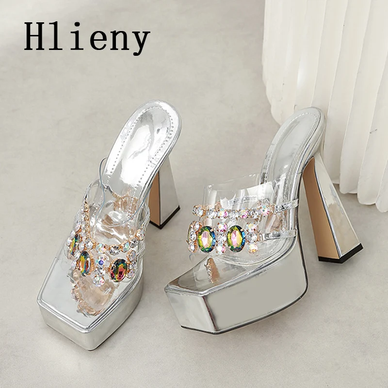 Hlieny High Quality Platform Square Toe Women Slippers Design Crystal PVC Transparent High Heels Ladies Party Sandals Shoes