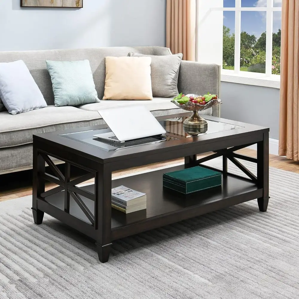 

Vintage Walnut 2-Tier Coffee Table with Tempered Glass Top and Storage Shelf for Living Room or Home Office