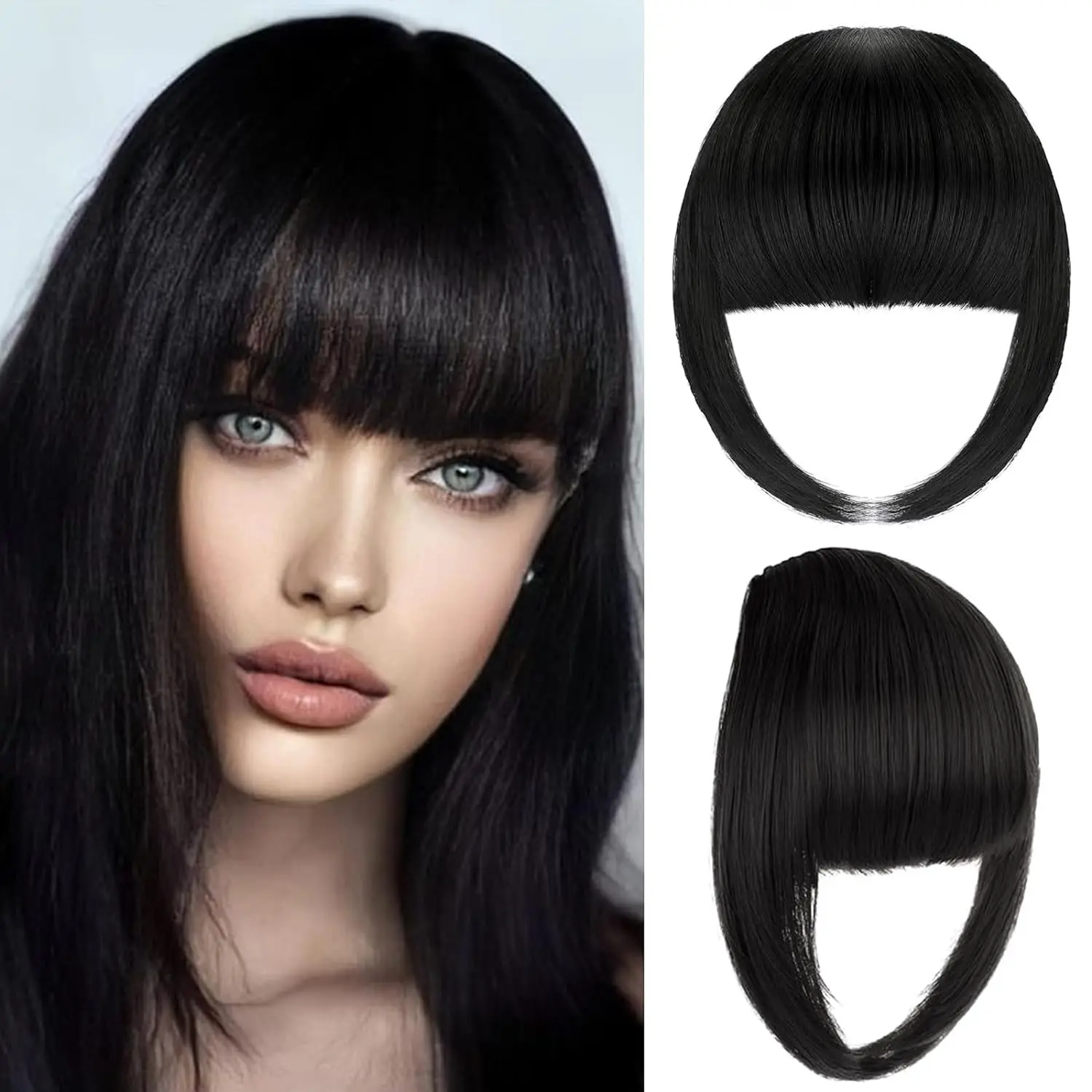 Synthetic Clip in Bangs Black Bangs Fringe with Temples Hairpieces for Women Natural Curved Bangs Clip in Hair Extensions Bangs