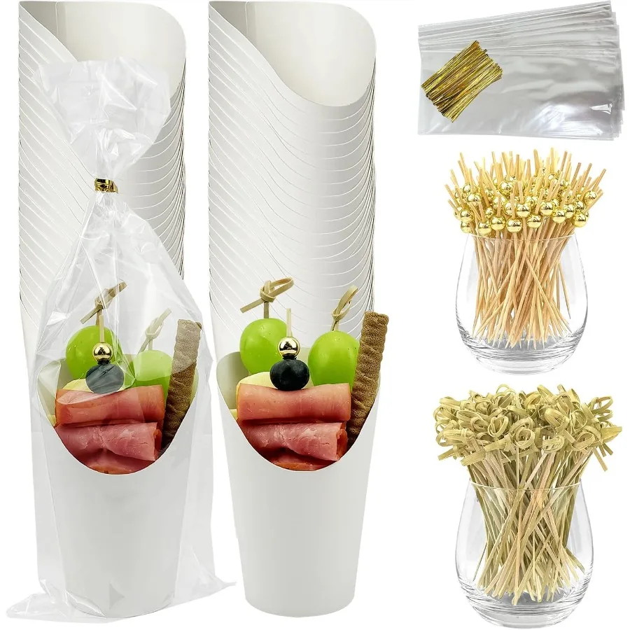 

50 комплектов одноразовых чашек с палочками и пакетами, 12 унций, белая бумажная чашка для закусок, держатель для картофеля фри с коктейлем