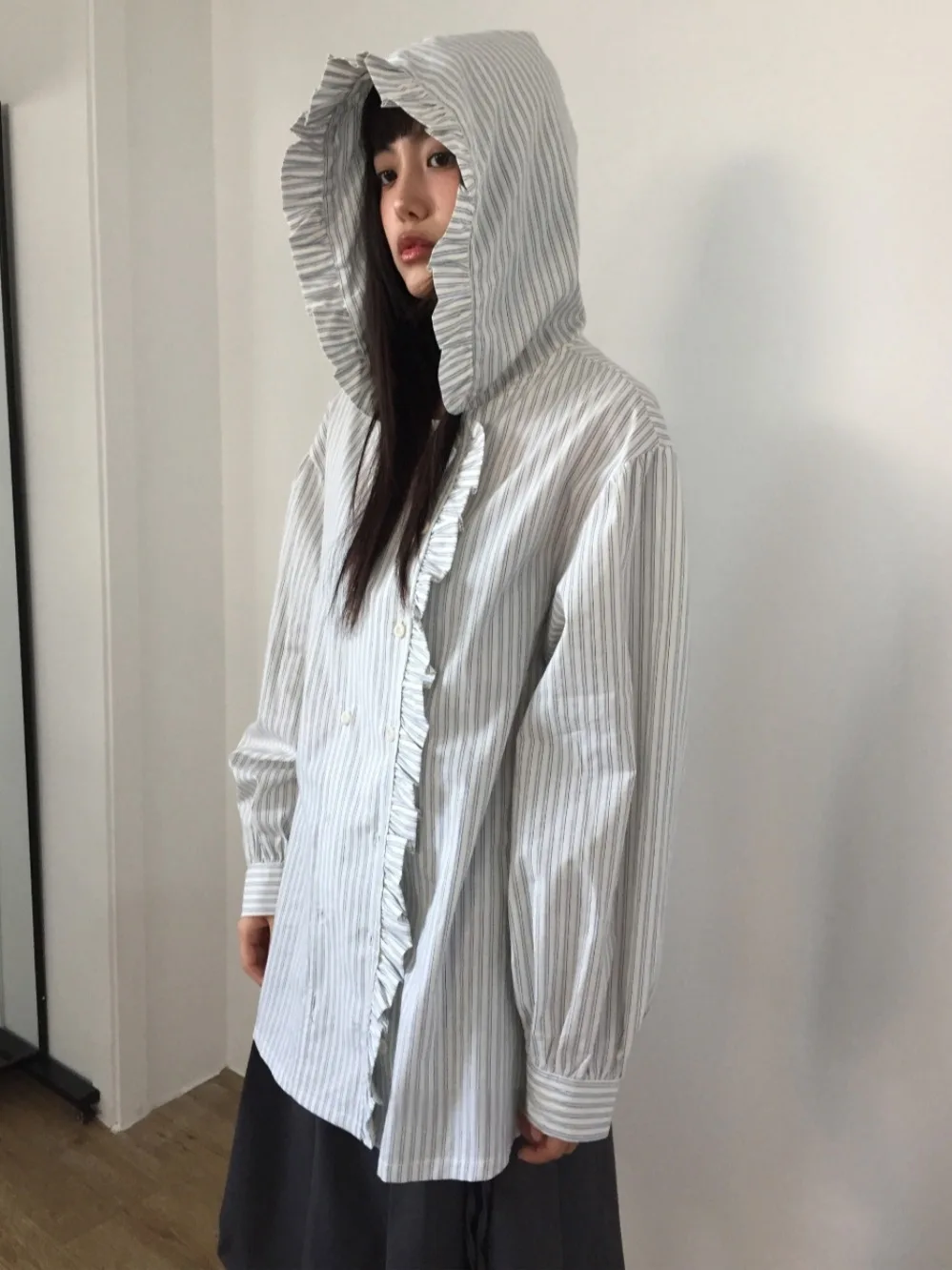 

Retro Earlet Lace Trim Hooded Striped irt Women's Loose Long Sve Outerwear Spring New Sle Versatile Casual Coat
