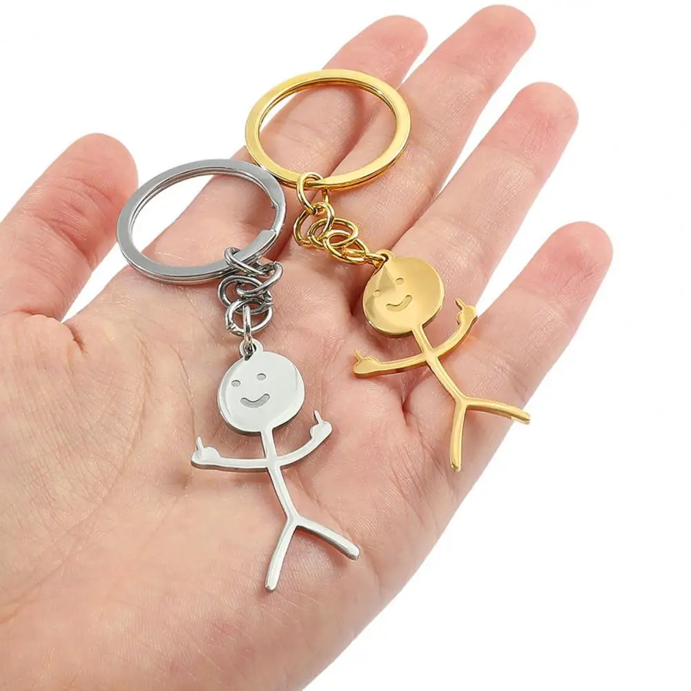 Funny Middle Finger Stickman Keychain Cute Trend Titanium Steel School Bag Car Key Pendant Couple New Trinket Gift Keyrings