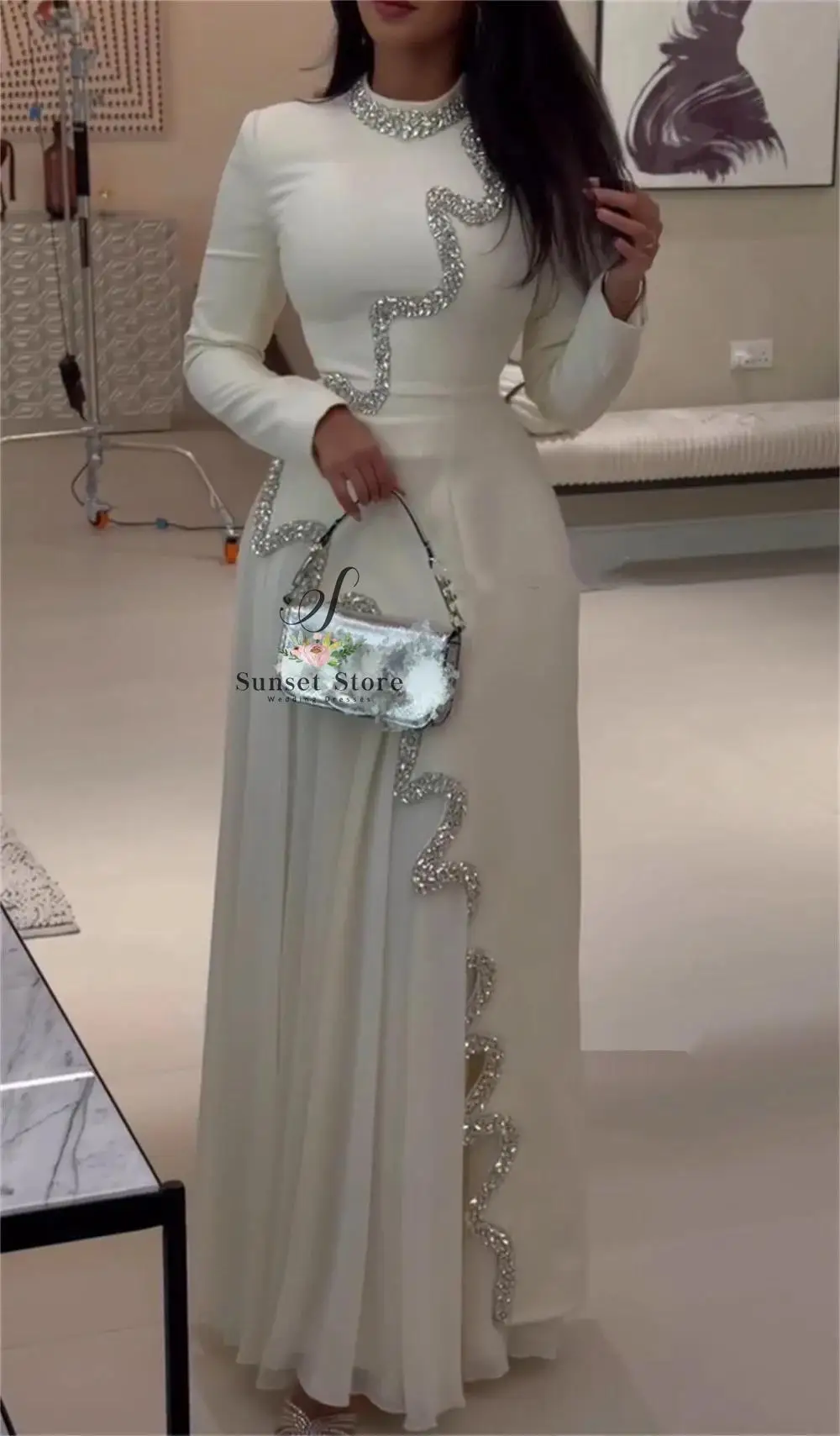 

Customized Matching Jersey Pleat Sequined A-line High Collar Long Bespoke Occasion Evening Dresses Simple