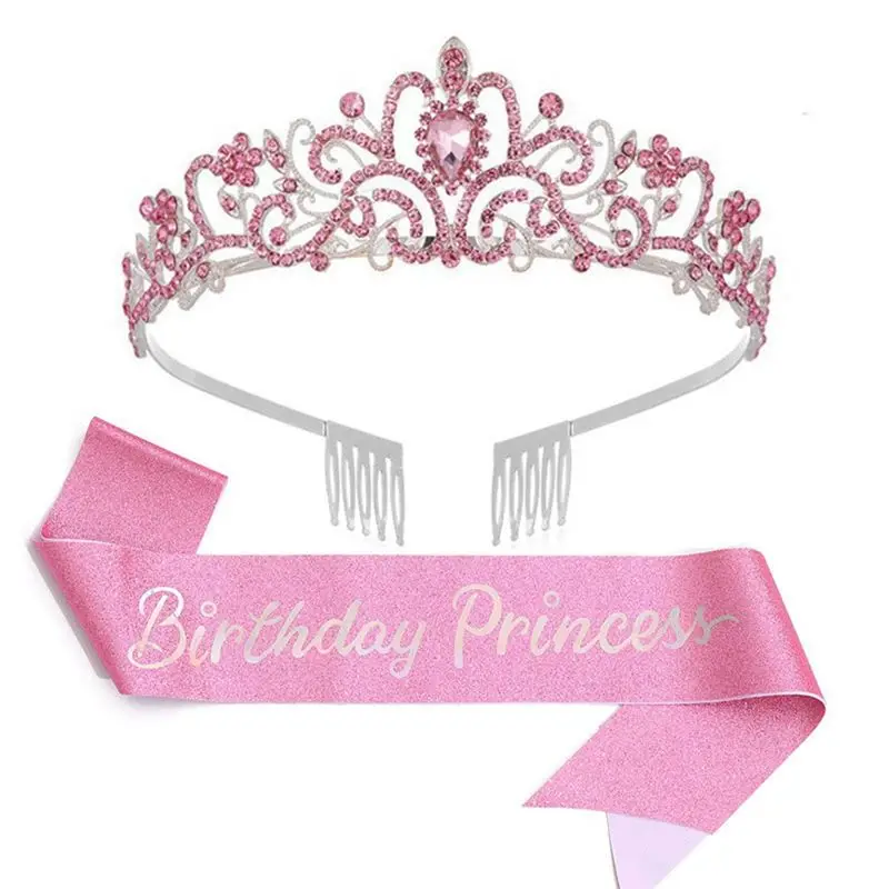 A44Z-Geburtstagsmädchen Tiara Krone Prinzessinnenkrone mit Geburtstagsgirlande für Frauen Happy Birthday Party Zubehör