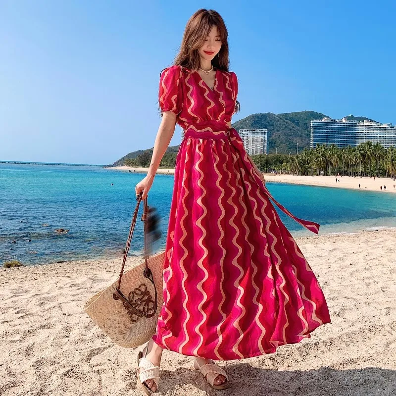 

Bohemain Holiday Maxi Summer Dress 2023 New Fashion Women V Neck Striped Red Lace Up Short Sleeve Ladies One-Piece Long Vestidos