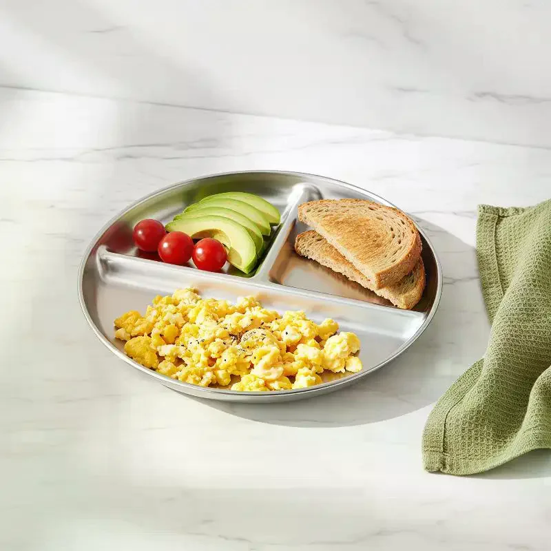 23CM Round 3 Grid Food Grade Stainless Steel Dinner Plate 1/3Pcs Durable Serving Tray Dishwasher Safe for Daily Use