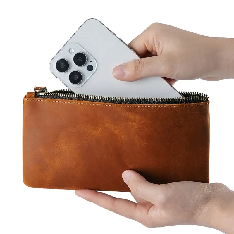

Мужской кошелек из натуральной кожи, сумка для мобильного телефона для Iphone 16, длинный кошелек на одной молнии, тонкий кошелек для мужчин и женщин, клатч для карт и наличных