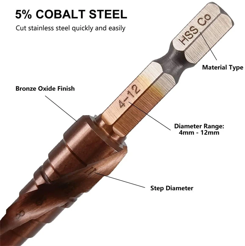 M35 5% Cobalt HSS Step Drill Bit for Metal HSS CO 4-12mm Hex Shank Stepped Drill Bits Cone Drilling Tool Hole Saw Milling Cutter