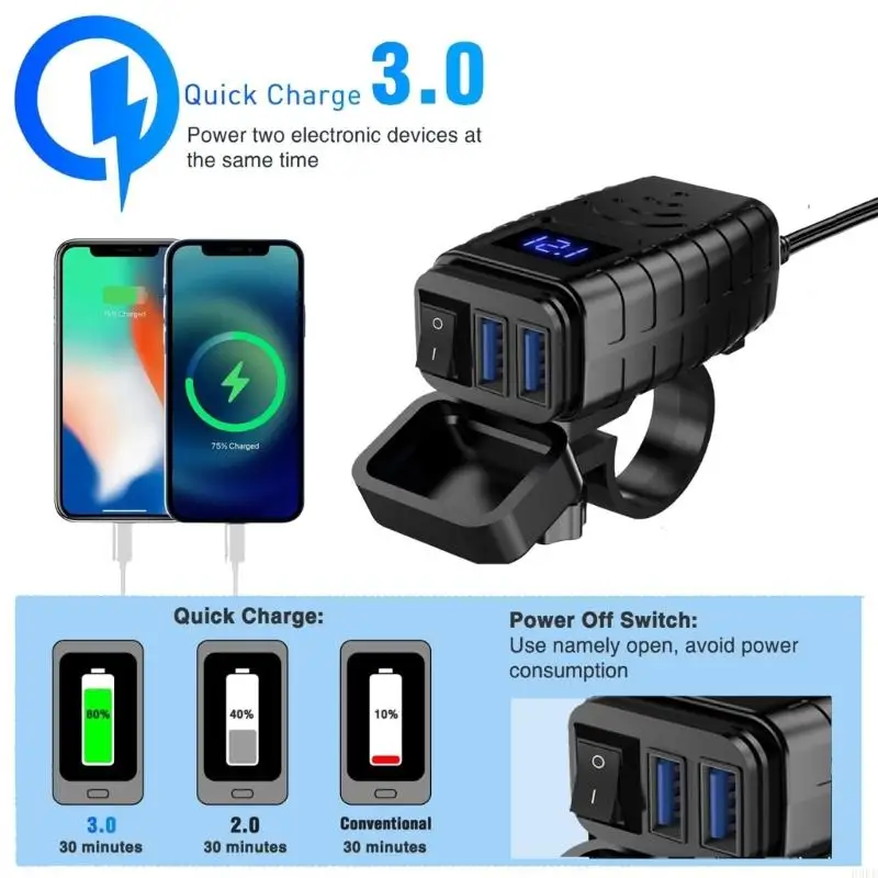 Waterproof Motorcycle Chargers Power Adapter With QC3.0 Quick with Monitor On Off Switches Universal Fit H9EE
