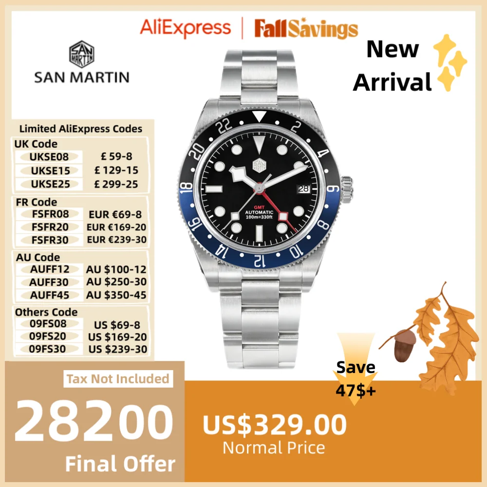 

San Martin 39 мм Роскошные мужские автоматические часы NH34 GMT двунаправленный алюминиевый безель 10 бар Swim BGW-9 Sports Reloj Hombre SN0109-1