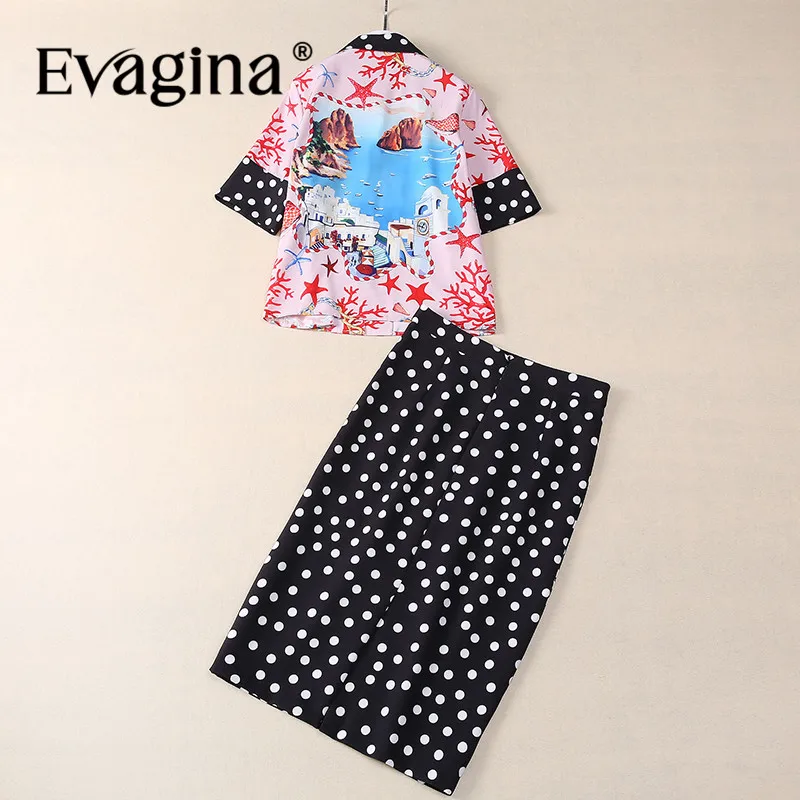 Evagina Fashion Summer Women's Suit Turn-Down Collar Single Breasted Tops+Slim Half skirt Dots Print Two piece set