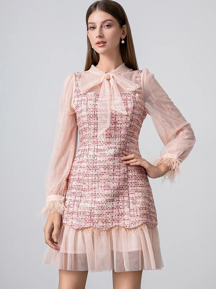 SMTHMA High Quality Lace Patchwork Colorful Tweed Dress Women\'s Small Fragrance Style Big Bow Ostrich Fur Woolen Dress
