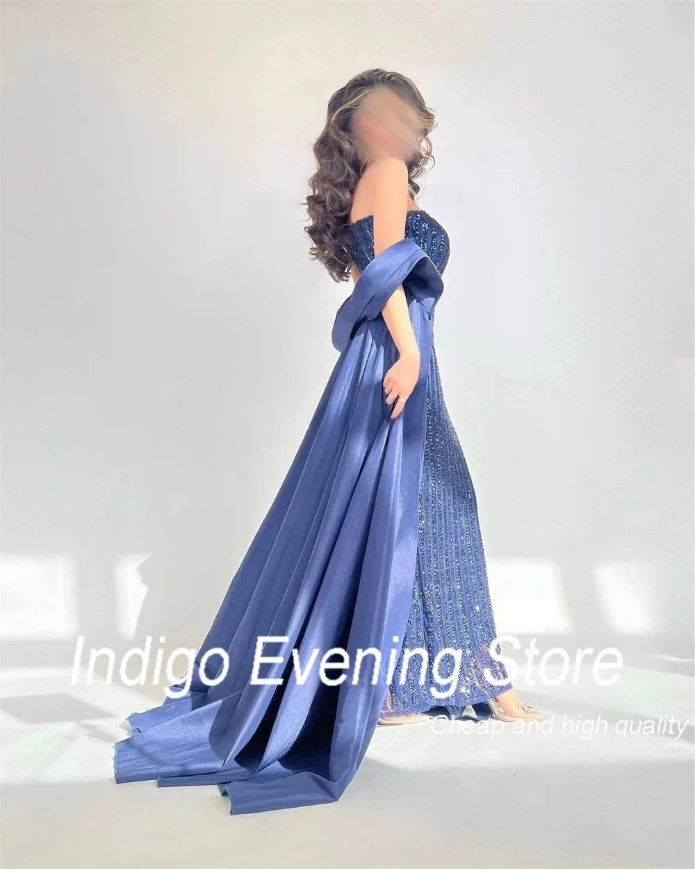 Gaun Prom Indigo Tulle gaun pesta malam Formal elegan manik-manik tanpa tali untuk wanita 2024 Robe De Princesse Femme Soiree