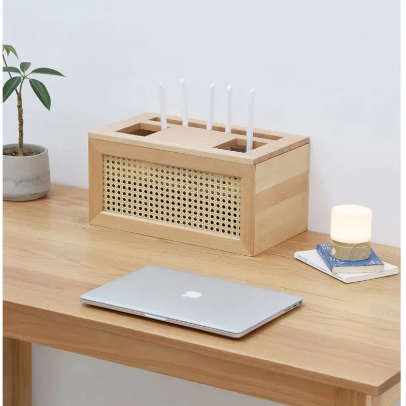 Nordic Modern Router Box Solid Wood Rattan Weaving Organizer Boxes Multi Functional Socket Holder, TV Set Top Box, Storage Items