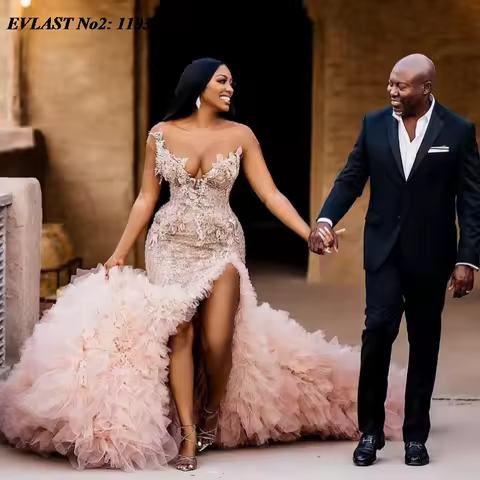 EVLAST Customized Aso Ebi Pink Mermaid Prom Dress Lace Applique Beading High Slit African Evening Dress Party Gown 2025 E2P91