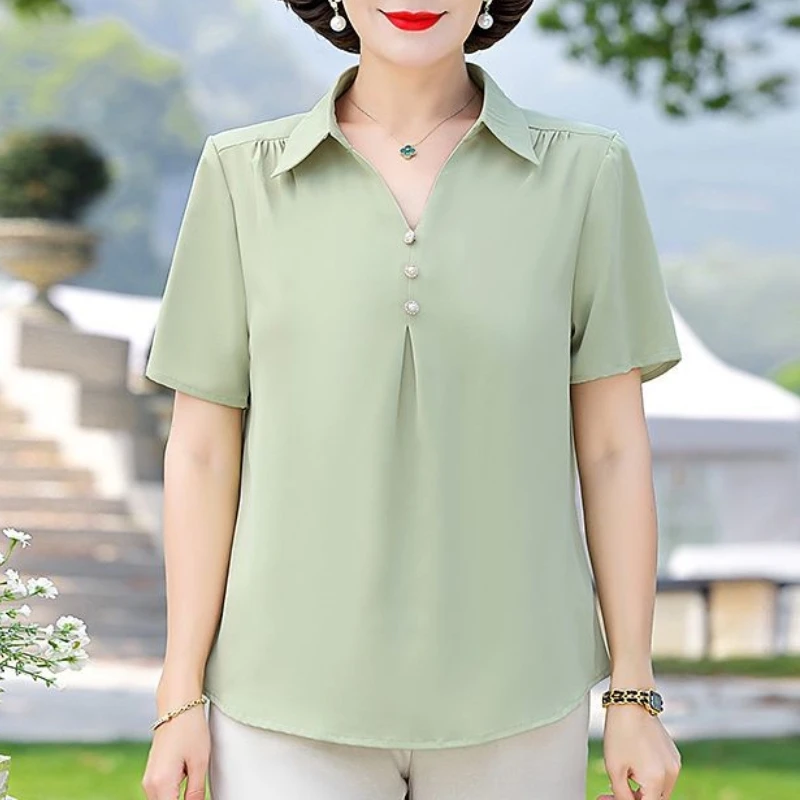 2024 Summer New Large Women\'s Short Sleeved Chiffon Shirt Fashionable Polo Collar Fashion Versatile Loose T-shirt Top for Women