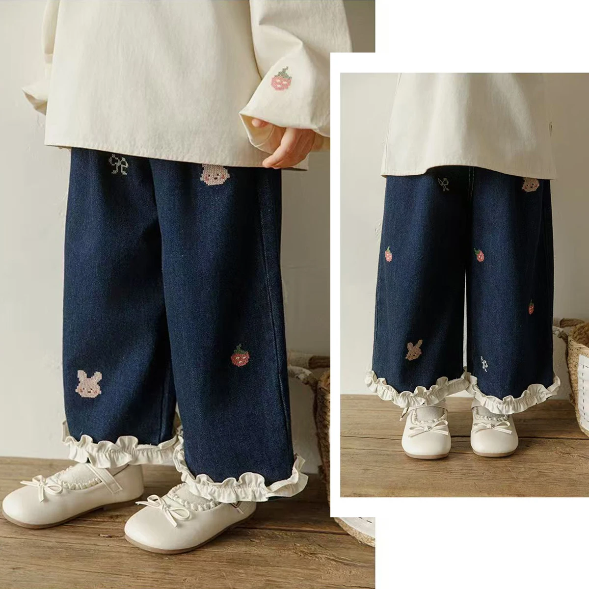 IENENS Spring New Blue Jeans 1-6-year-old Kids Clothes Girls Korean Edition Fashion Lace Decoration Casual Wide Leg Pants