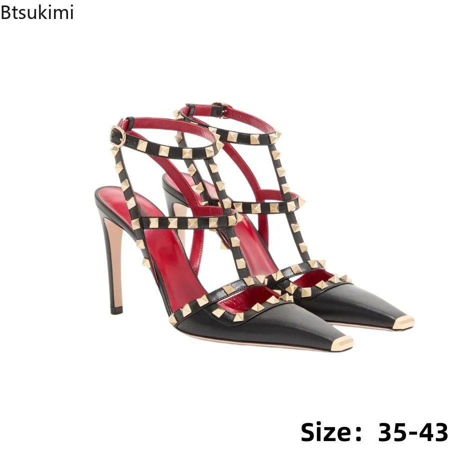 Summer Breathable Women Rivet Decoration Sandals Pointed Toe High Quality Sexy Femme Pumps Party Wedding Elegant Lady Stiletto