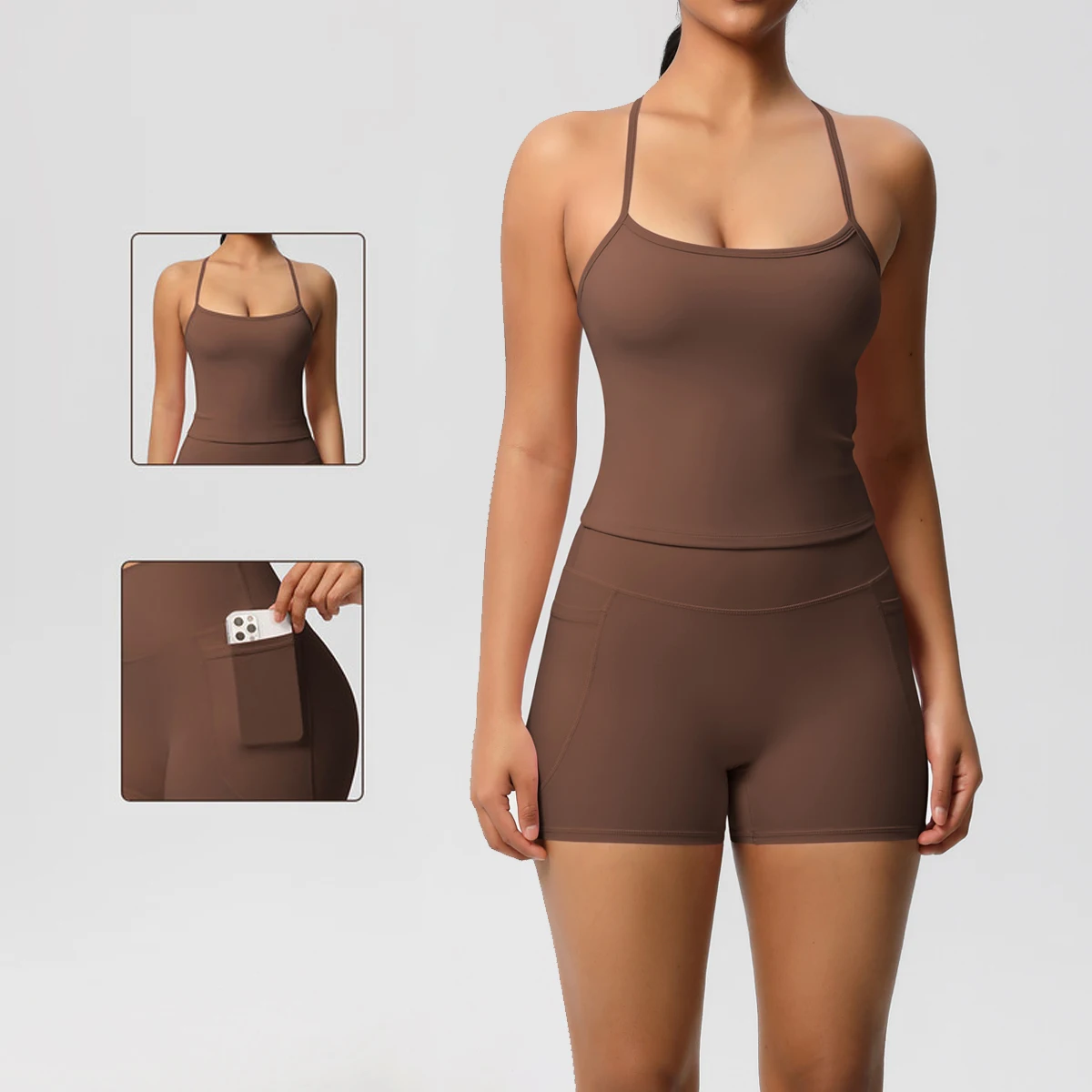 

2PCS Sportswear With Pocketed Yoga Set Gym Clothes Yoga Suits For Women Tracksuits Sports Shorts Crossover Bra Gym Leggings
