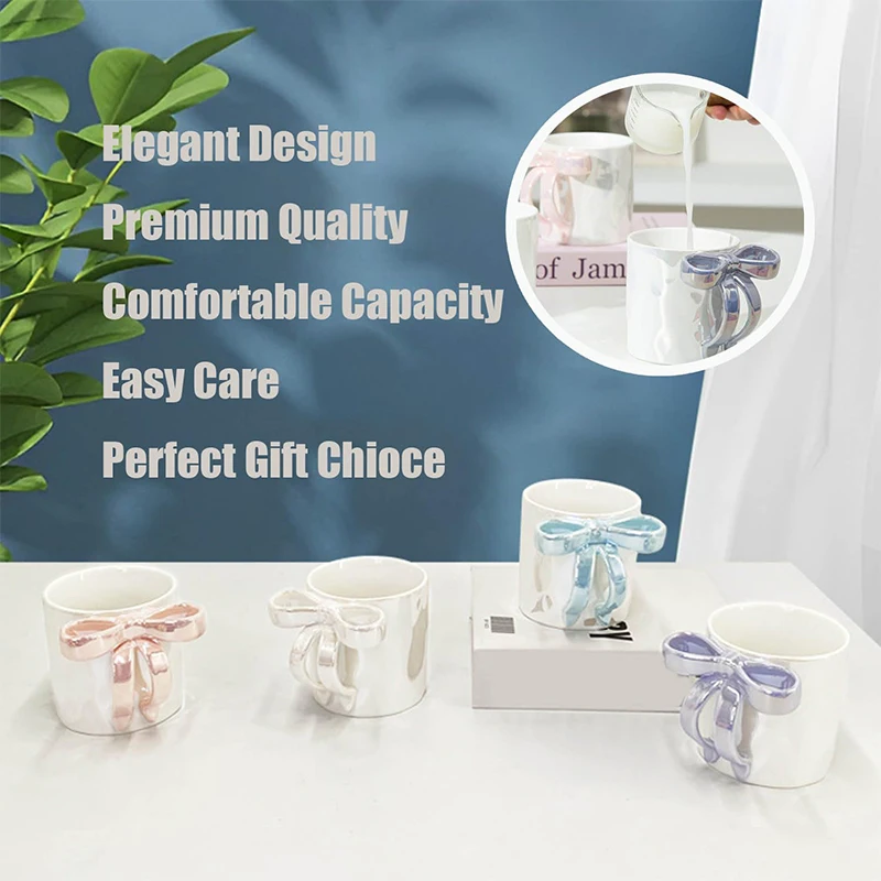 Creative Bow Mug Pearl Glazed Butterfly Knot Water Cup, High Beauty Female Couple Cup, Ceramic Mug, Handheld Gift Candle Can