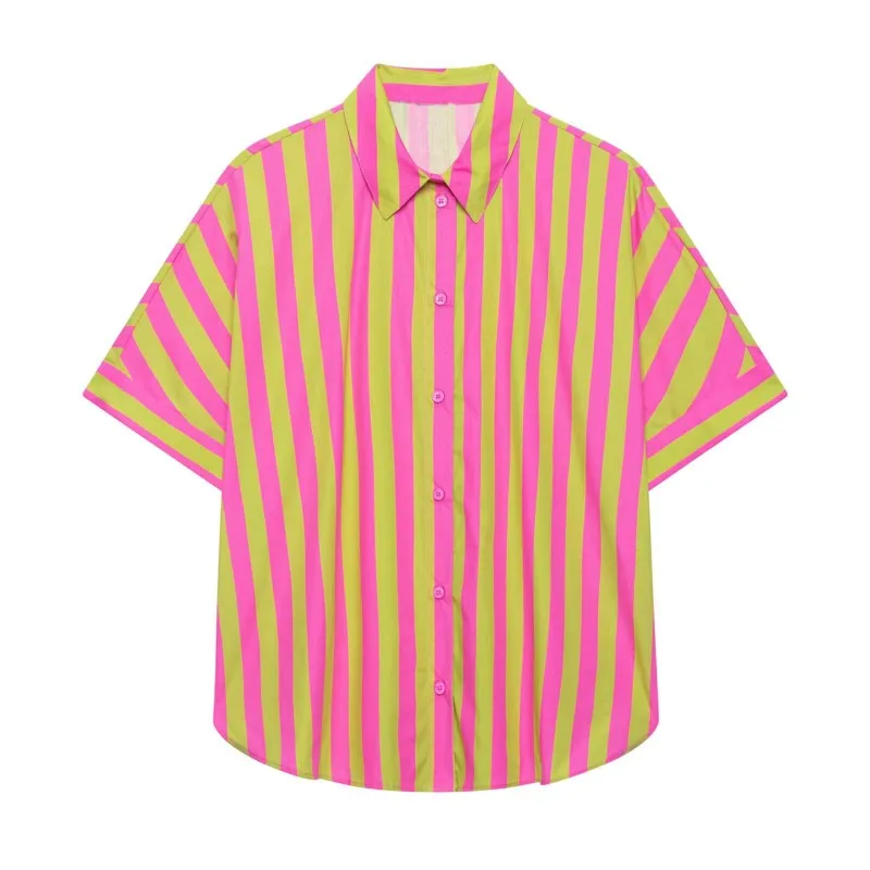 Women's Striped Shirt New 2026 Summer Turn Down Collar Short Sleeve Button Woman Shirts & Blouses Female Chic Tops