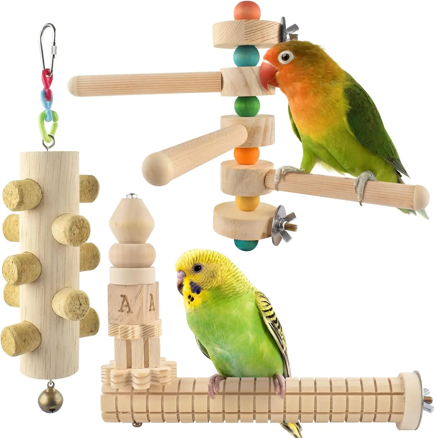 

3pcs Natural Wood Bird Perch Toys, Parrot Rotating Perch Stand, L-Shaped Perches with Chew Block, Hanging Cork Stopper Parakeets