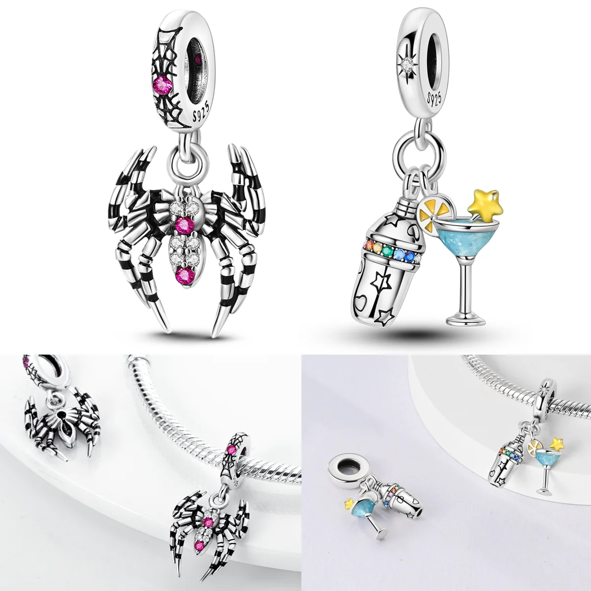

925 Sterling Silver Bartender Charms Bead CZ Zircon Magical Spider Dangle Fit Original Bracelet DIY Women Jewelry