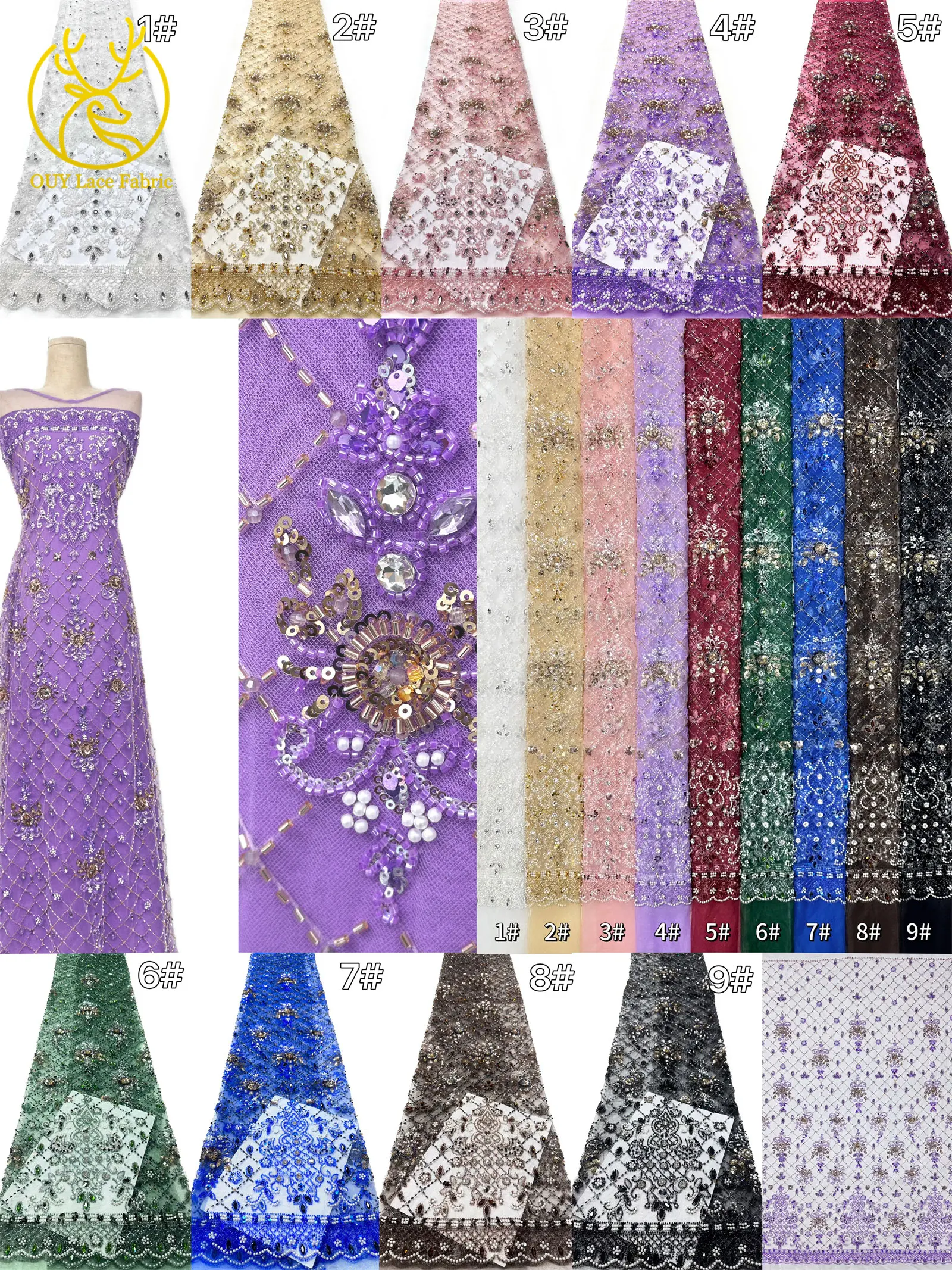 Lila afrikanischer Edelstein-Perlen-Spitzenstoff 2026 Luxuriöser französischer Pailletten-Spitzenstoff für Damen Brautkleid Hochzeitskleid Nähen 5 Yards – Detail 3