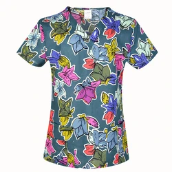 XXS-5XL Women Scrub Top 100% Print Cotton Uniforms V-Neck Short Sleeve Hospital Clinical ScrubScrubs Top