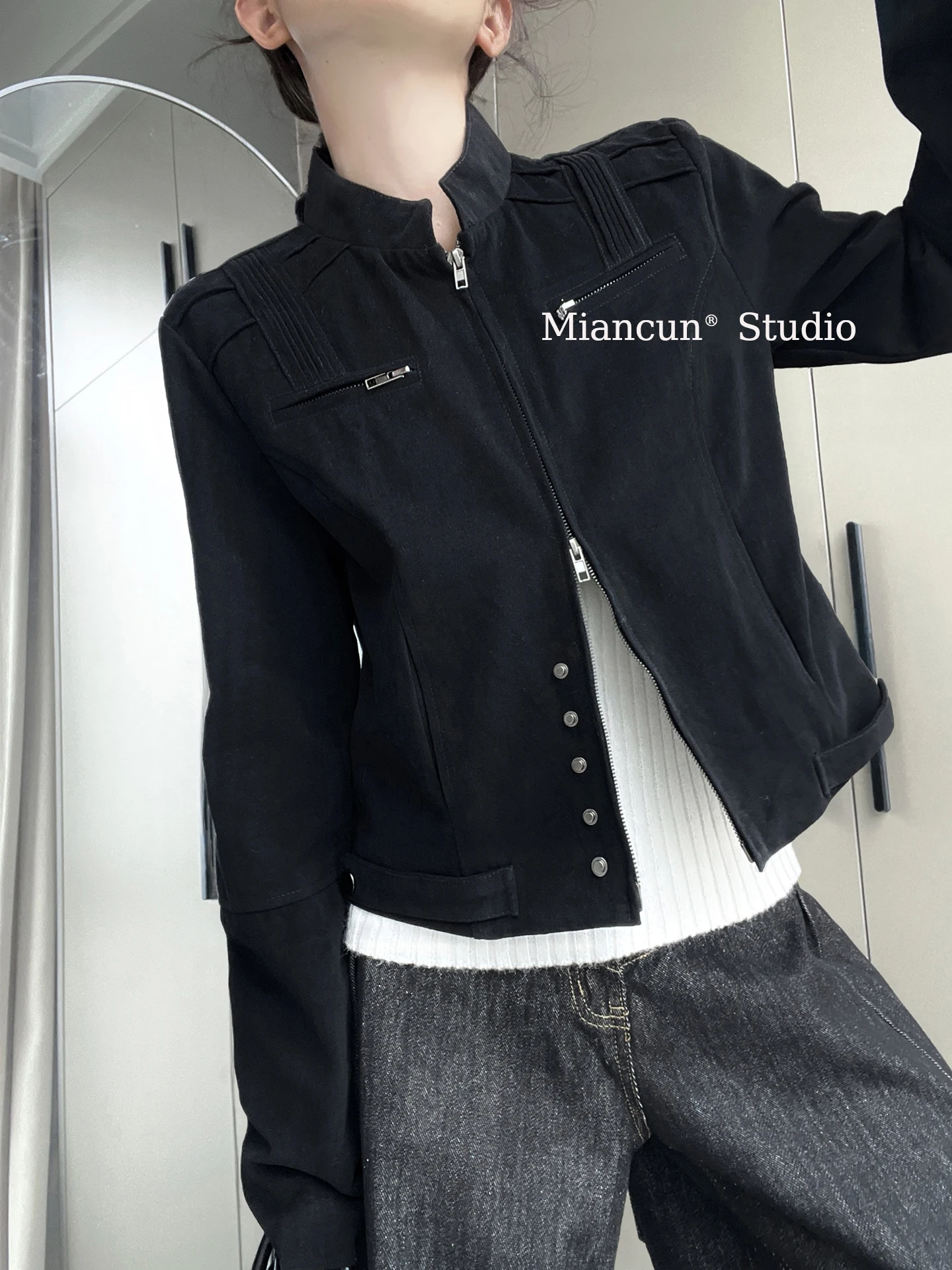 American Retro Workwear Jacket Short Casual Stand Collar Women's Outerwear Spring 2026 Loose Fit Long Sleeve Zipper Closure