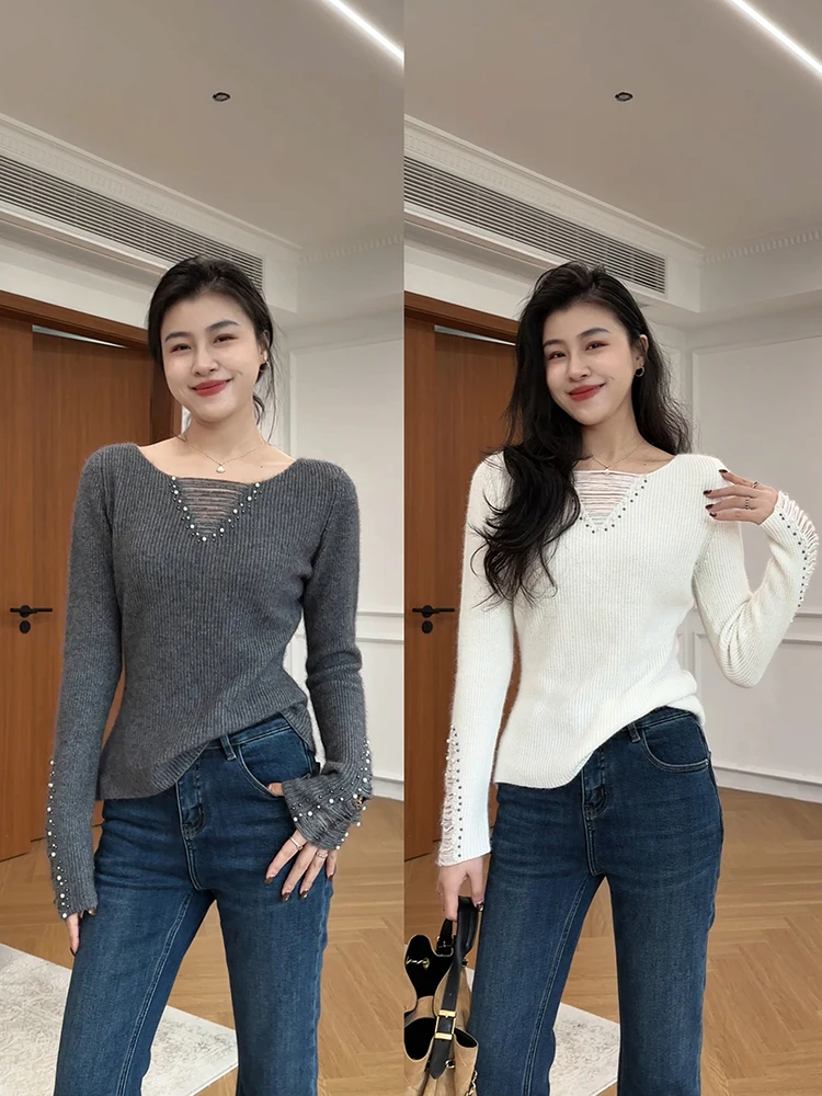 

Вязаный свитер Zhang a Xing Long Sve Slim Fit в корейском стиле с жемчужным декором, осенне-зимний, с V-образным вырезом, цветной