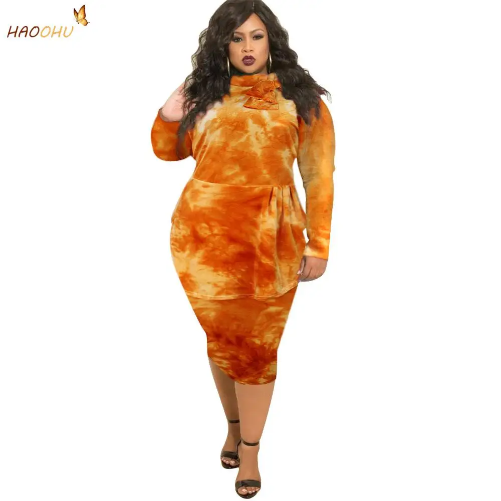 

HAOOHU Women Clothing Dresses Plus Size Ladies Office Dress Elegant Long Sleeve Bow Collar Tie Dye Print Autumn Urban Casual 5XL