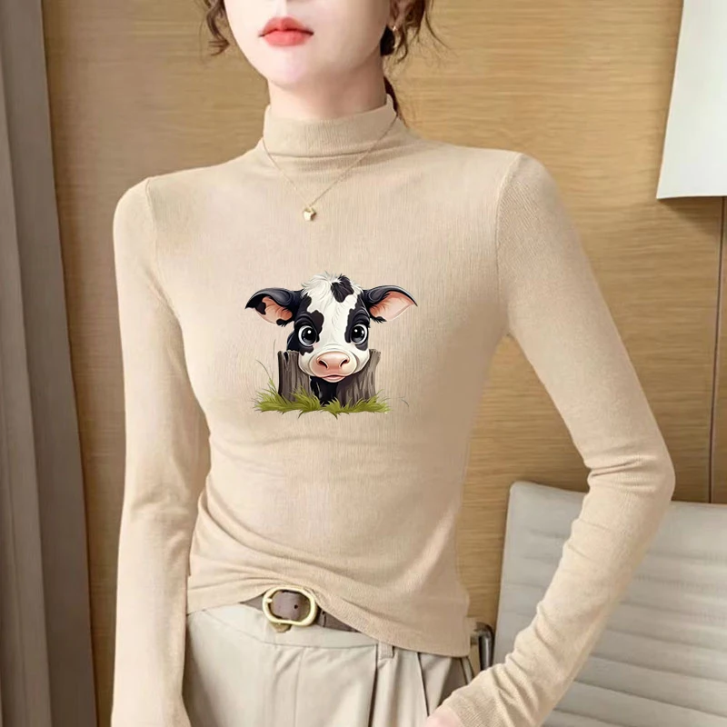 2026 New Autumn Winter Thermal Brushed Fleece Long Sleeve Graphic Print T shirt Blouses Female Warm Shirt Women Top