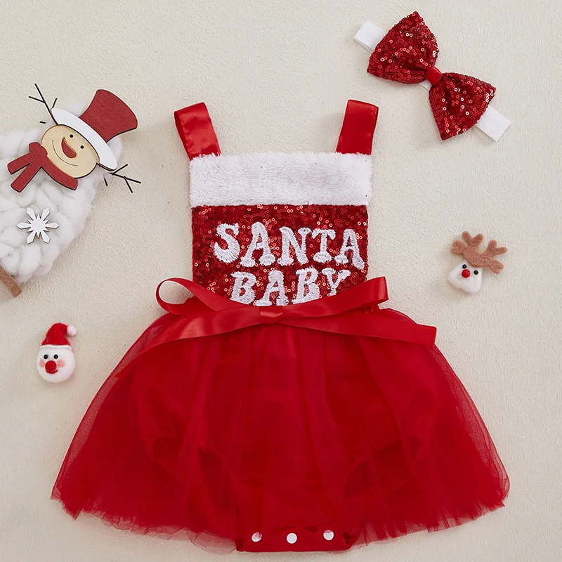 

Suefunskry Baby Girl Christmas Bodysuit Outfit Sequin Fuzzy Trim Square Collar Sleeveless Romper Dress Bow Headband 2 Piece Set