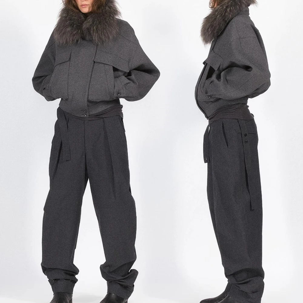 معطف شتوي من الصوف لعام 2025 جاكيت من الفرو الحقيقي سترات صوفية للنساء بسحاب معطف نسائي ملابس الخريف ملابس خارجية معطف فرو الراكون #3