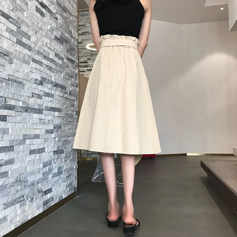 

Women's High Waist Skirt Mid Length Knee Length Fashion Button Korean Version Pleated School Skirt Lace Up 2023 Summer Autumn