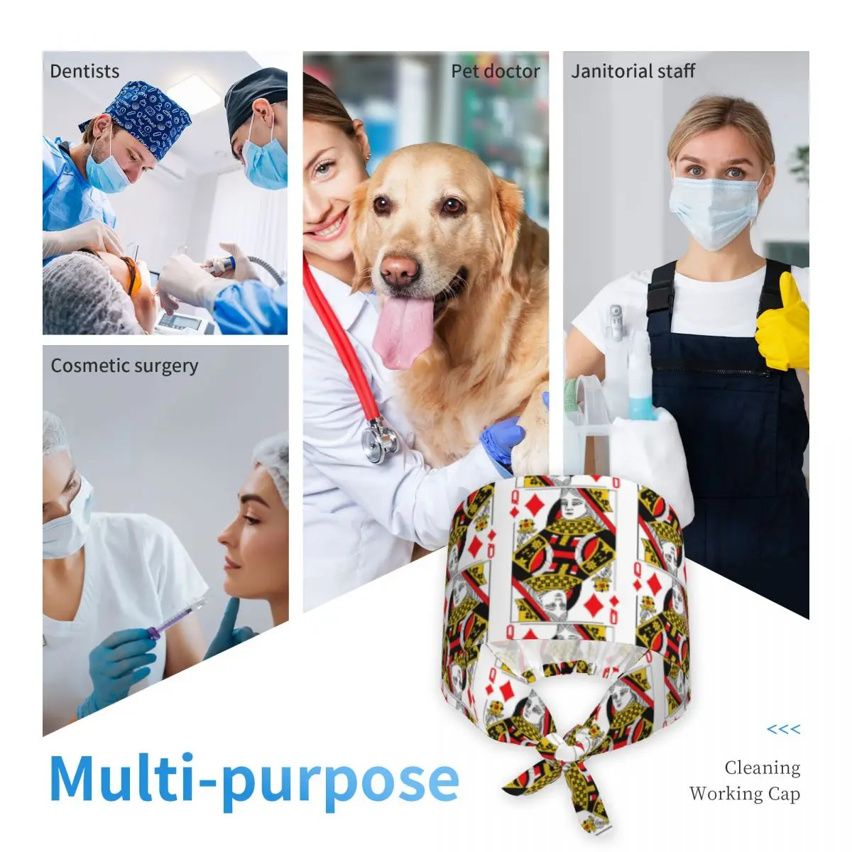 Queen Of Diamonds Classic Card Deck Casino Poker Q Diamonds Scrub Hat Doctor Working OP-Haube Stillkappen für Zahnarzt