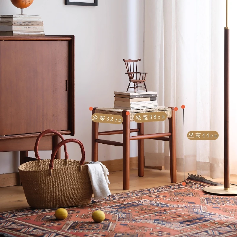 

Vintage Cherry Wood Dining Stools Rope Woven Makeup Stools for Home Minimalist Hallway Ottoman Solid Wood Home Furniture