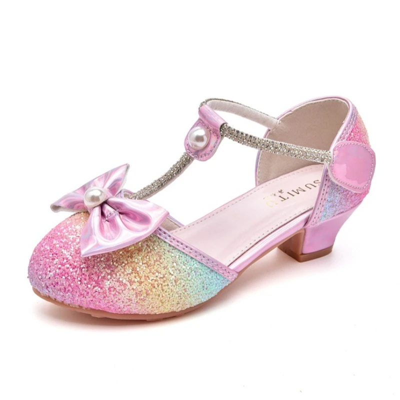 

Summer New Rainbow Girls' High Heels Soft Sole Kids' Princess Shoes Student Performance Fashion Children's Leather Shoes