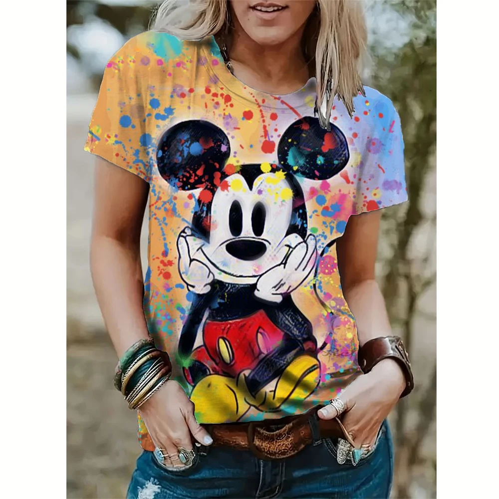 Camiseta con estampado de Mickey Mouse para mujer, camisa de verano para hombre, blusas de moda para mujer, Tops femeninos de Minnie de dibujos animados, ropa Kawaii 2024