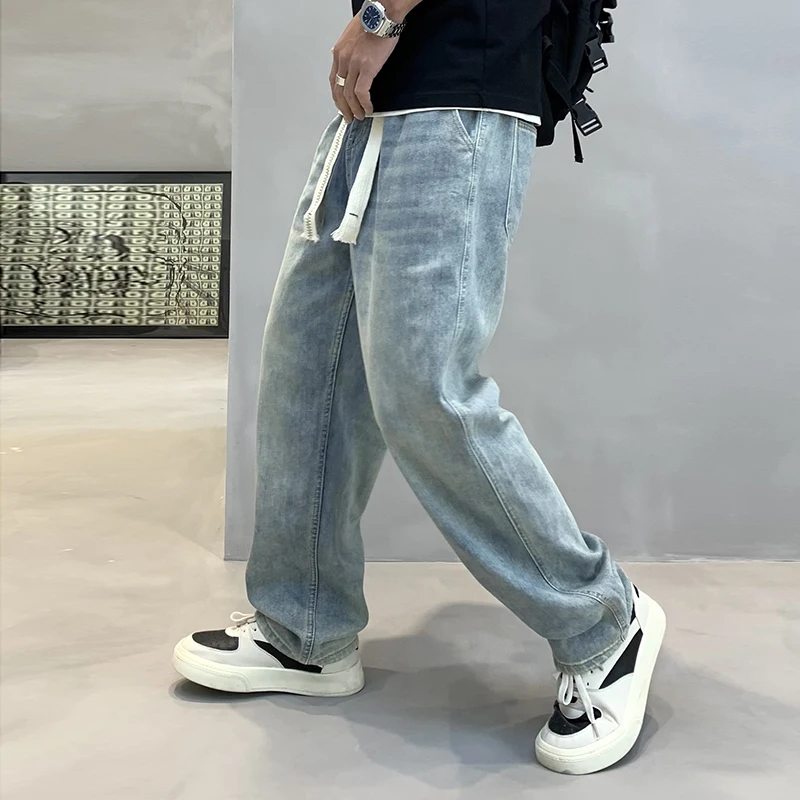 High-end men's wide-legged jeans 2024 fall light blue loose straight drag pants high street hundred elastic waist casual pants