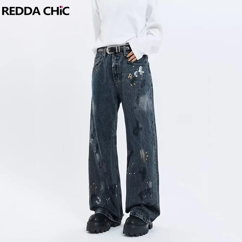 

ReddaChic Boyfriend Graffiti Women Baggy Jeans Y2k Retro Splash Ink Straight Wide Leg Pants High Rise Trousers Korean Streetwear